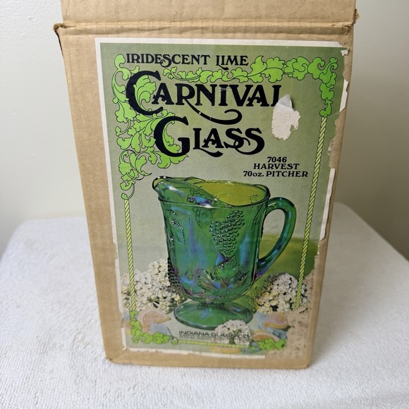 Indiana Glass Other - Vtg Indiana Glass Harvest Grape Carnival Glass Iridescent Green Water Pitcher